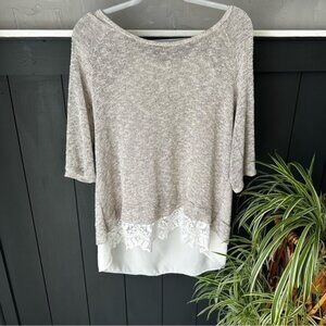 Nouvida Knit Tunic Top Lace‎ Detail Grey Tan Cream size XL